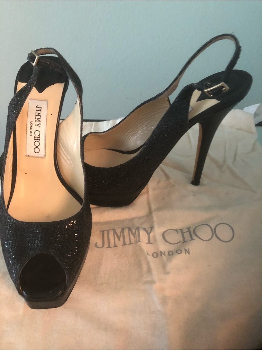 Jimmy Choo Black glitter sling back heels sz 38